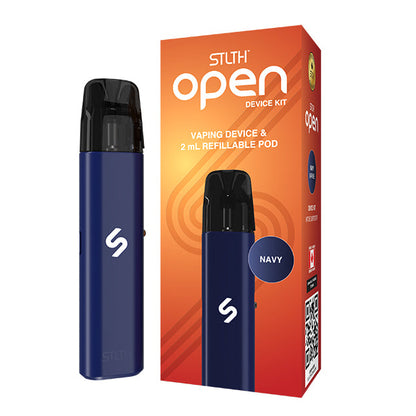 Navy vaping device with orange packaging on a white background