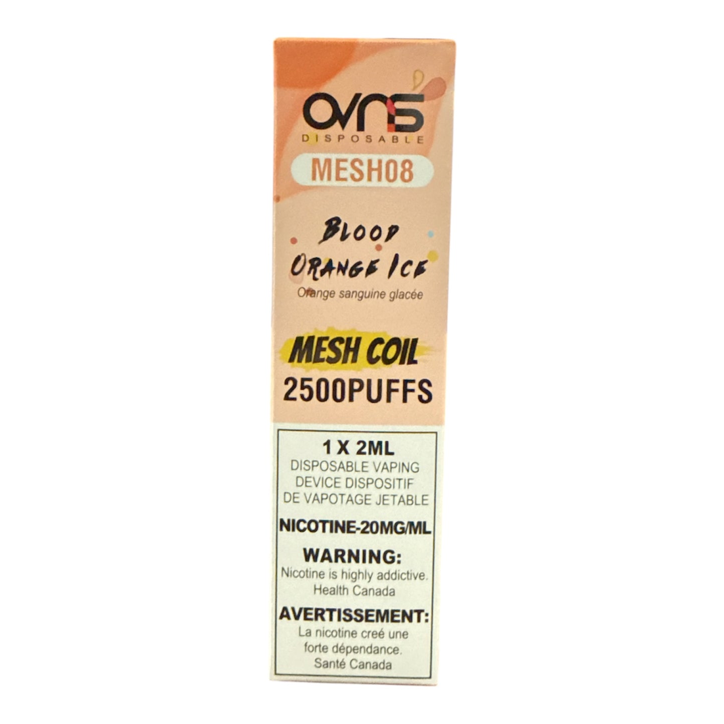 OVNS disposable vape device packaging with 'Blood Orange Ice' flavor on a white background