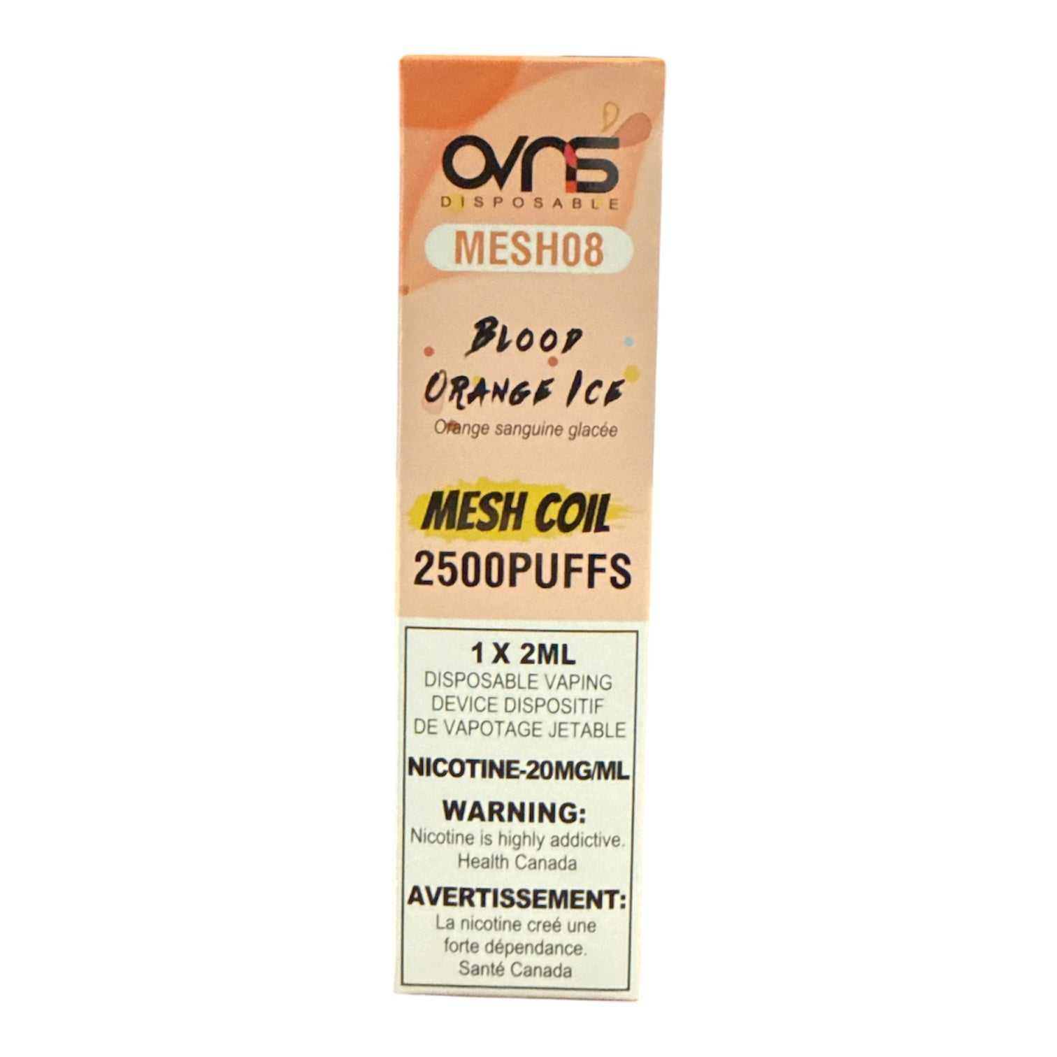 OVNS disposable vape device packaging with 'Blood Orange Ice' flavor on a white background