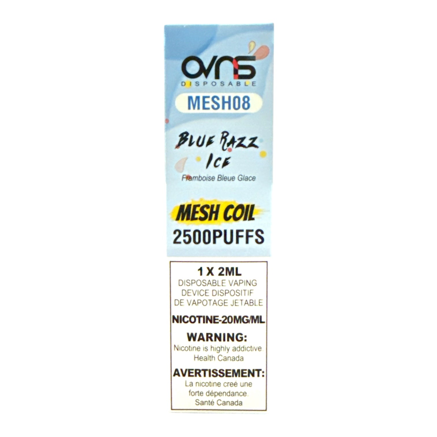 Ovns Mesh Coil vape device packaging with blue and white design on a white background