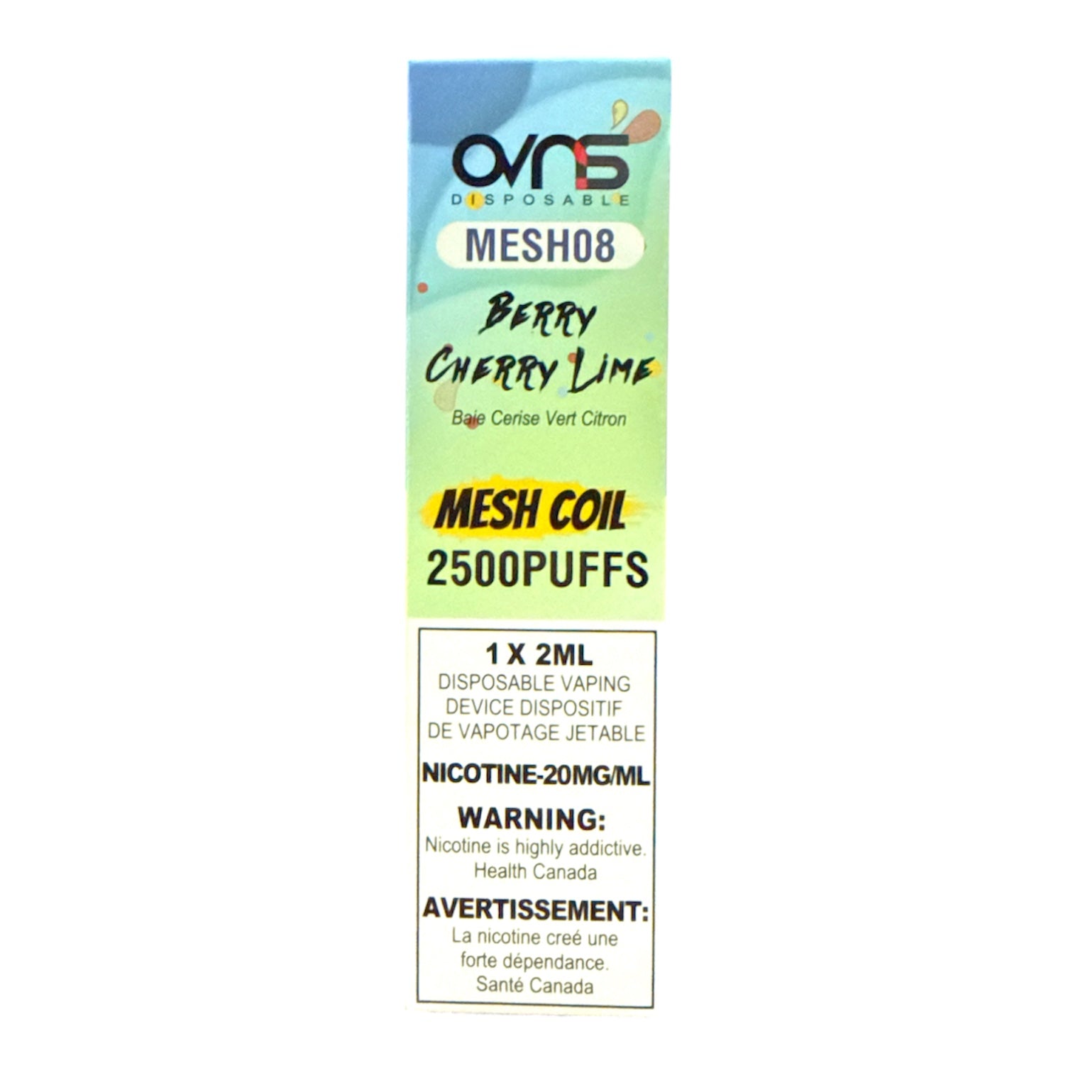 Ovns disposable vape device packaging with flavor 'Berry Cherry Lime' on a white background