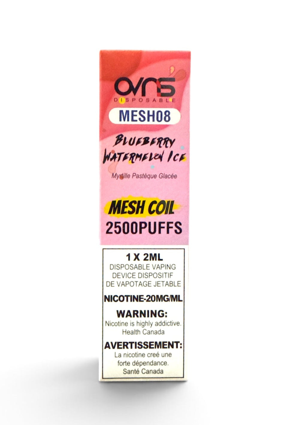 A single disposable vaping device box for 'OVNS Cigarettes Mesh08 Blueberry Watermelon Ice' on a clean white background. The packaging features a pink-to-white gradient top half with yellow and black text, and a white bottom half with black warning labels.