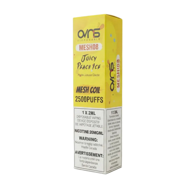 A yellow and white box of OVNS Professional Mesh08 Juicy Peach Ice disposable vaping device cartridges, featuring a prominent yellow front panel with black text and a white warning label at the bottom.