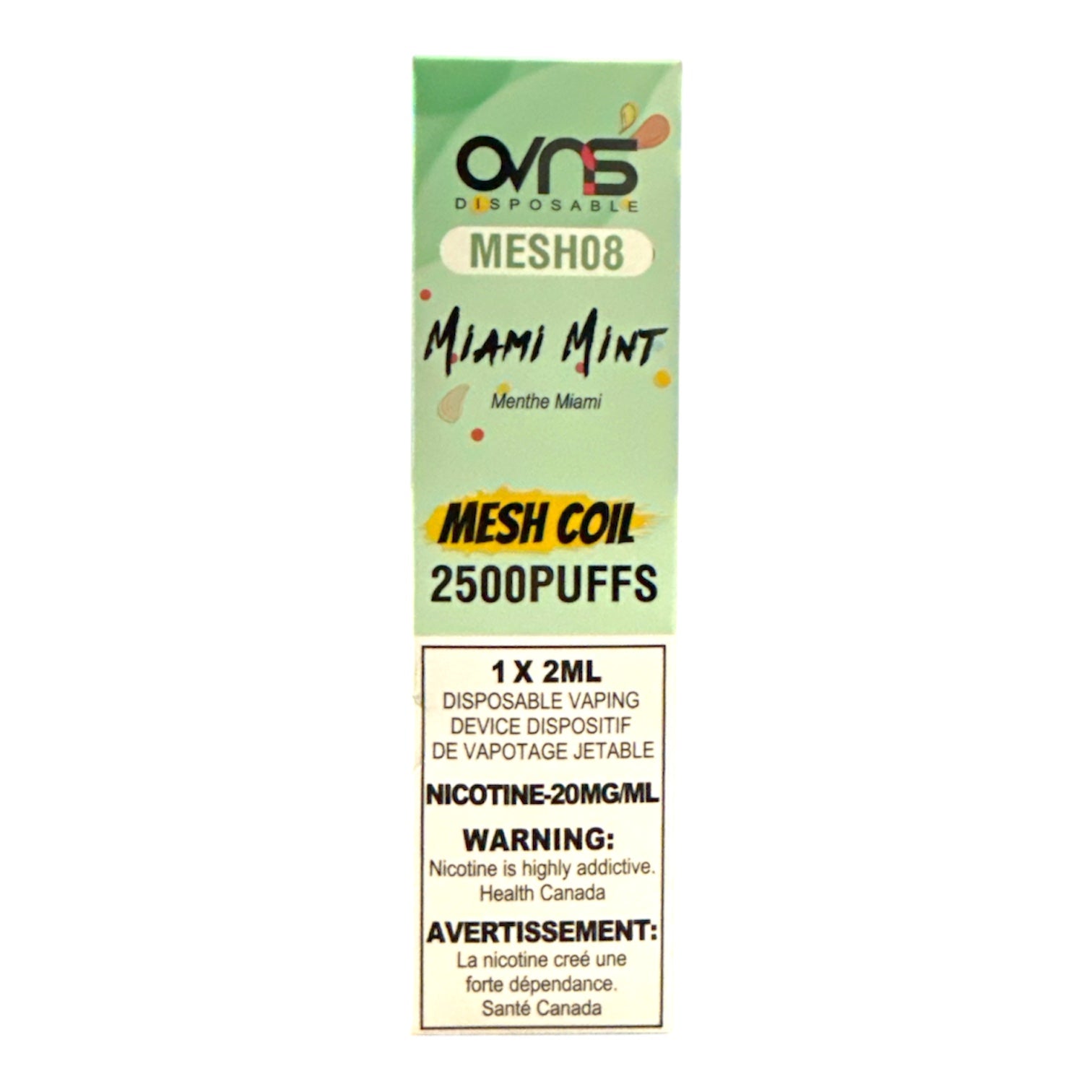 OVNS disposable vape device packaging with green and yellow design on a white background
