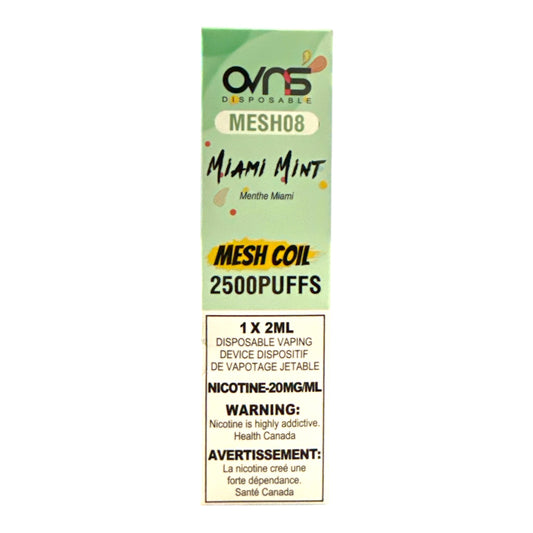 OVNS disposable vape device packaging with green and yellow design on a white background