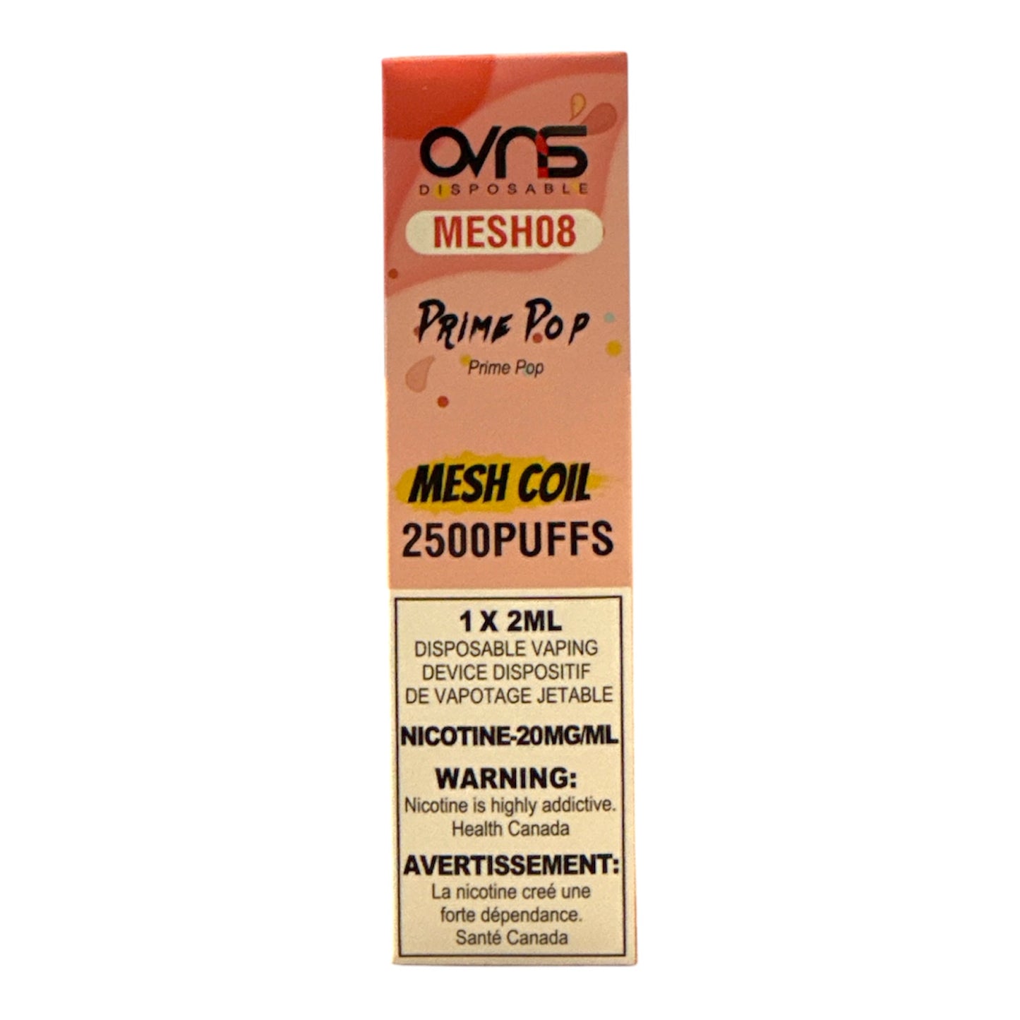 Ovns disposable vaping device packaging with product details on a white background