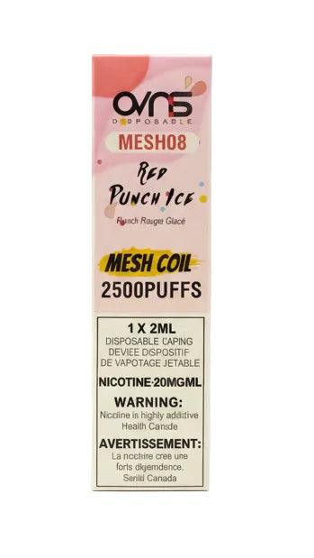 A single pack of Ons Organics Mesh08 Red Punch Ice disposable vaping devices, 2500 puffs, 2mL, in a pink and white box with yellow accents, shown on a plain white background.
