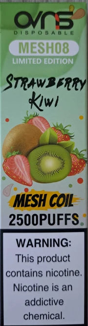 A close-up of a disposable vape packaging label for 'ovns DISPOSABLE MESH08 LIMITED EDITION Strawberry Kiwi'. The label features a light green background with illustrations of kiwi, strawberries, and a kiwi slice, along with a prominent white warning label at the bottom containing nicotine information.