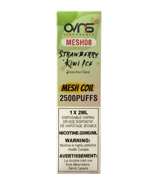 A single box of Ons Corporations Mesh08 Strawberry Kiwi Ice disposable vaping device cartridges, 2500 puffs, 1x2ml, shown on a clean white background with a soft shadow.