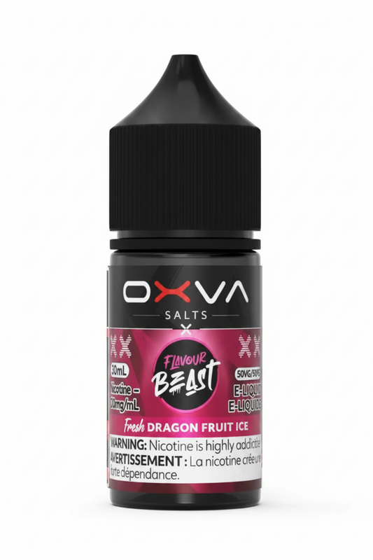 OXVA Salts vape juice bottle with red and black label on a white background