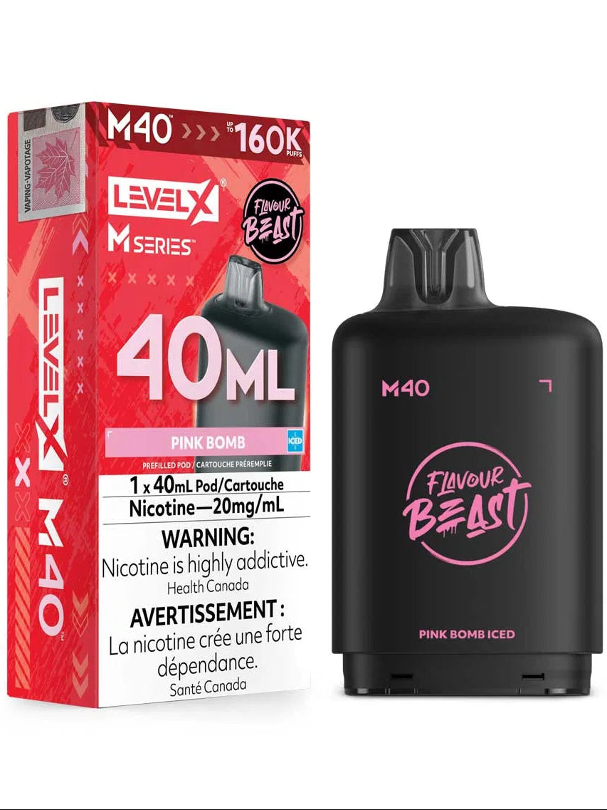 Level X M Series Pink Bomb 40ml disposable vape device next to its red and white retail packaging box