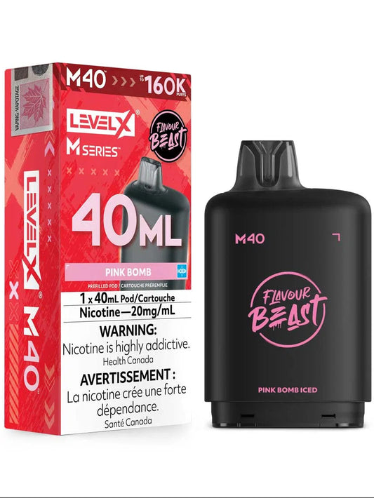 Level X M Series Pink Bomb 40ml disposable vape device next to its red and white retail packaging box