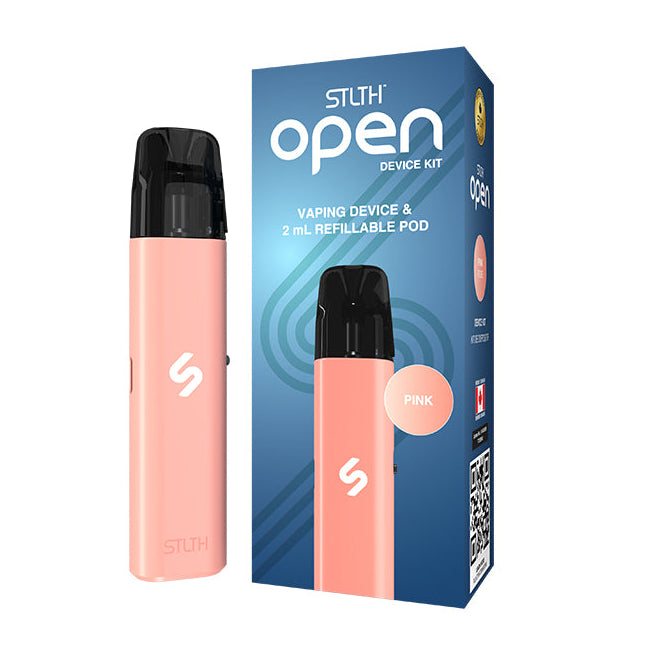 Pink vaping device with packaging on a white background