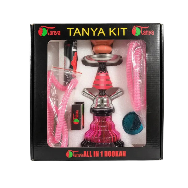 Tanya Kit All-In 1 Hookan set in its original retail packaging, featuring a pink and silver hookah with two pink coiled hoses, a mouthpiece, and accessories inside a black box with the Tanya brand logo.