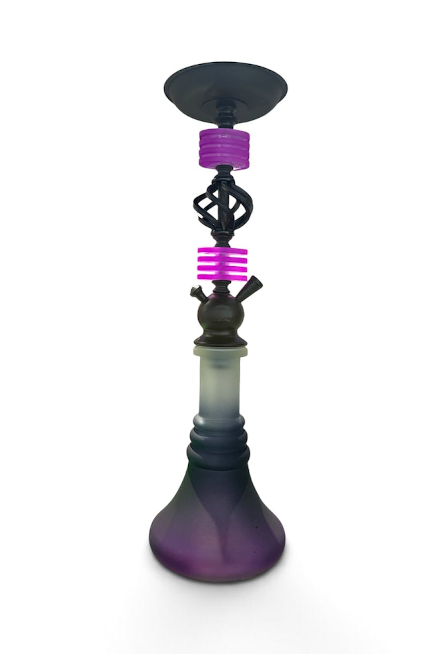 A modern hookah set featuring a dark metallic base with a purple gradient, a black mouthpiece, and vibrant purple and black coil accents, shown on a plain white background.