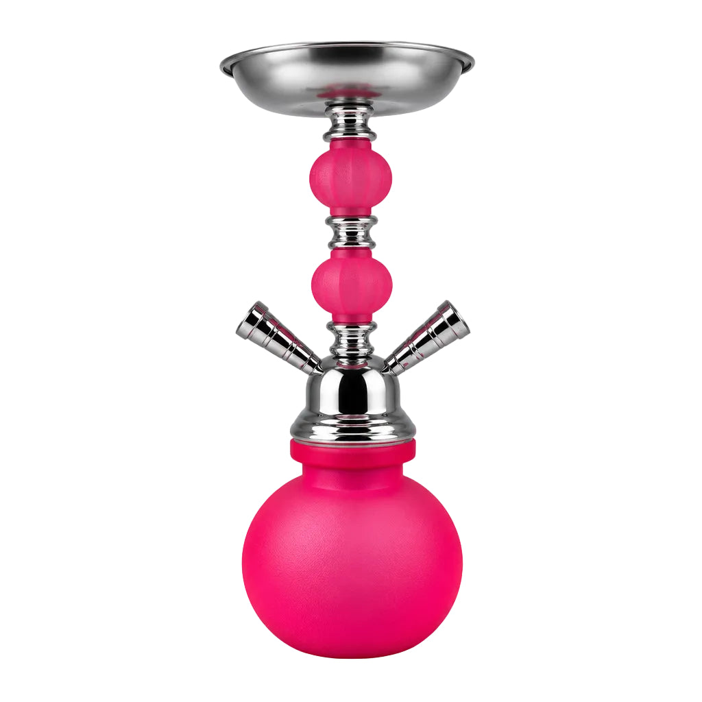 A modern hookah set featuring a vibrant hot pink frosted glass bowl and matching pink glass beads, accented by shiny silver metal components and a polished silver metal tray, isolated on a white background.