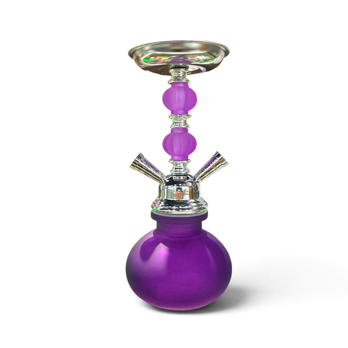 A purple glass hookah with a metallic silver bowl, beads, and mouthpiece, set against a plain white background.