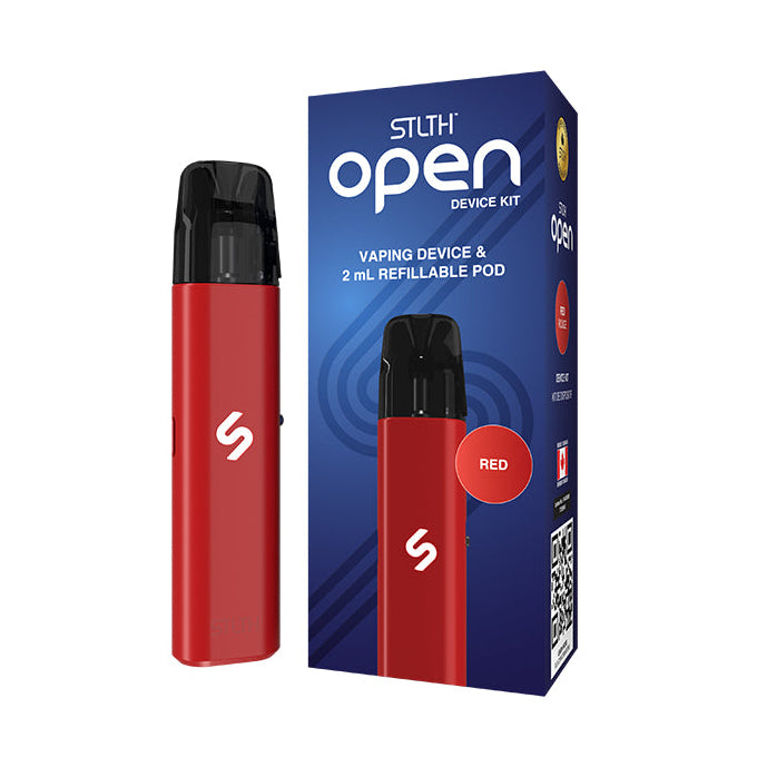 Red vaping device with blue packaging on a white background