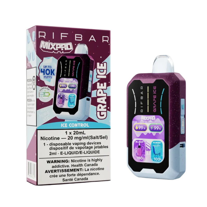 Rifbar Mixpro disposable vape device packaging with grape ice flavor on a white background