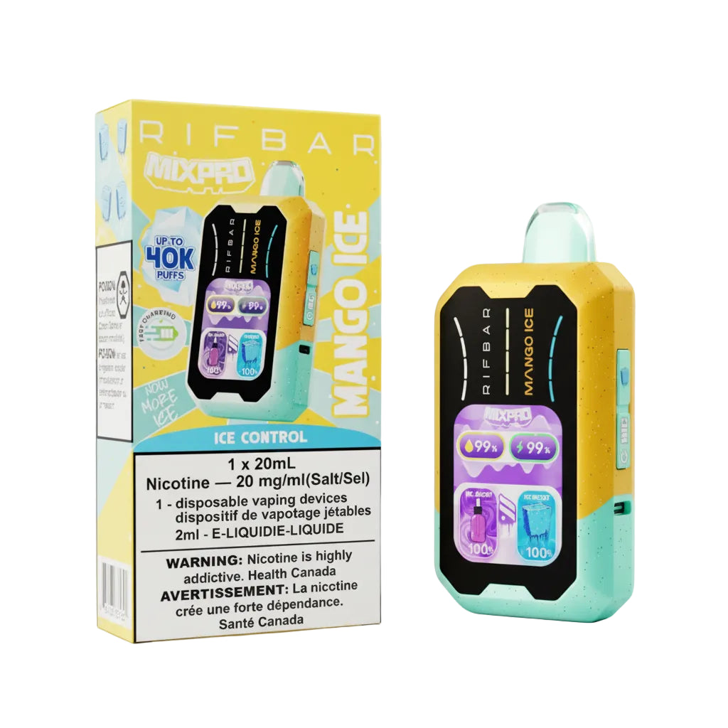 Disposable vape device with packaging labeled 'Rifbar Mango Ice' on a white background