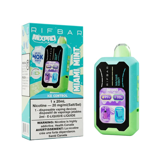 Disposable vape device with packaging labeled 'Miami Mint' on a white background