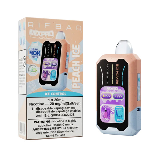 Rifeyar vape device with peach ice flavor packaging on a white background
