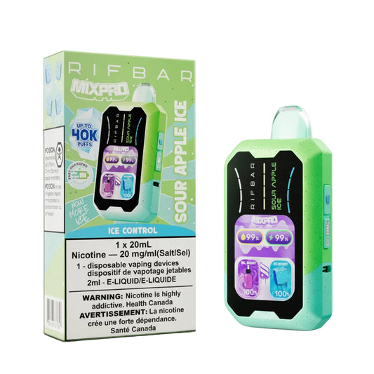 Green vape device with packaging labeled 'Sour Apple Ice' on a white background
