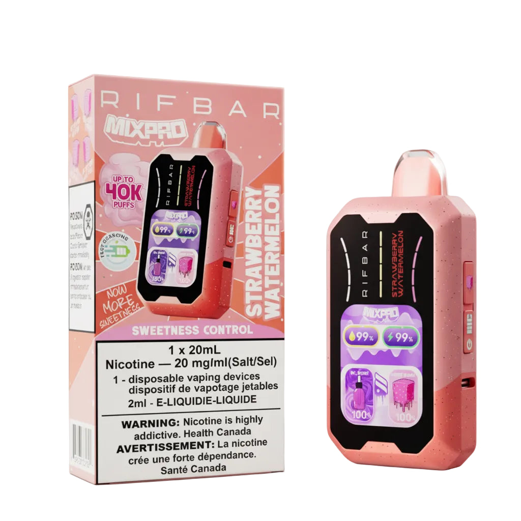 Disposable vape device with strawberry watermelon flavor packaging on a white background