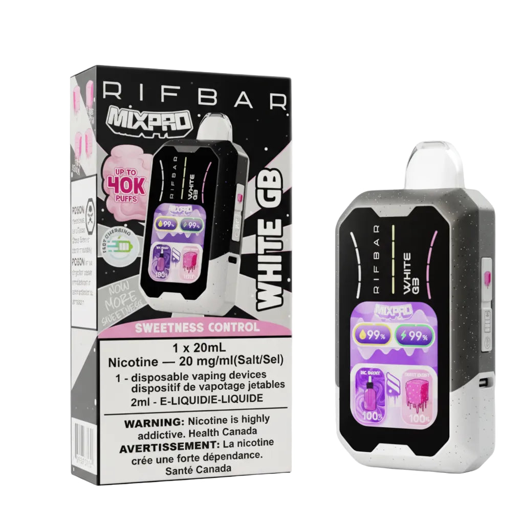Disposable vape device with packaging and accessories on a reflective surface