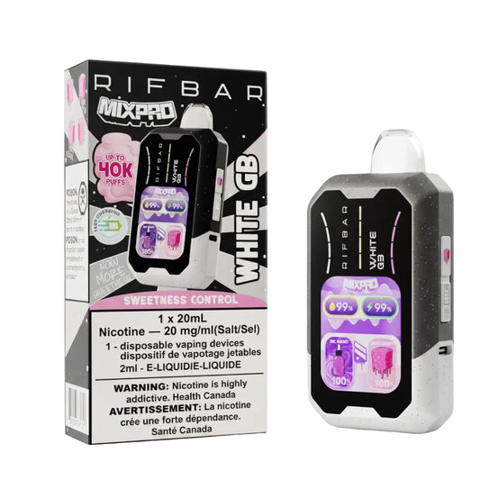 Disposable vape device with packaging and accessories on a reflective surface