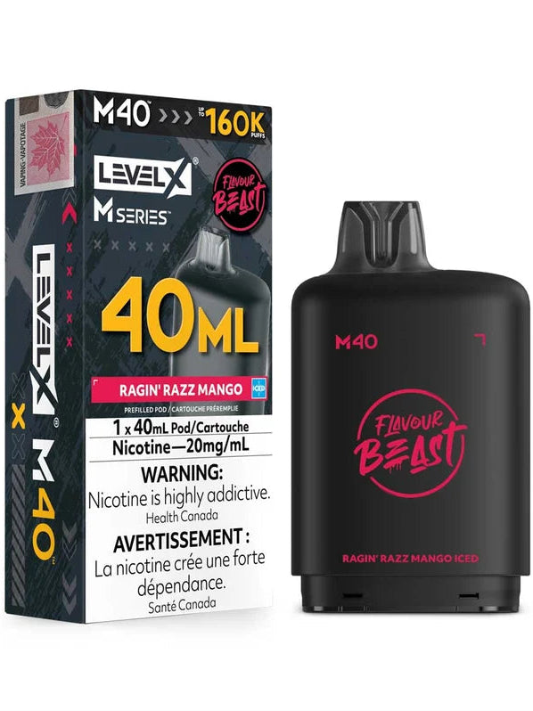 Level X M Series 40ml disposable vape device and its packaging box for 'Ragin Razz Mango' flavor, shown on a white background