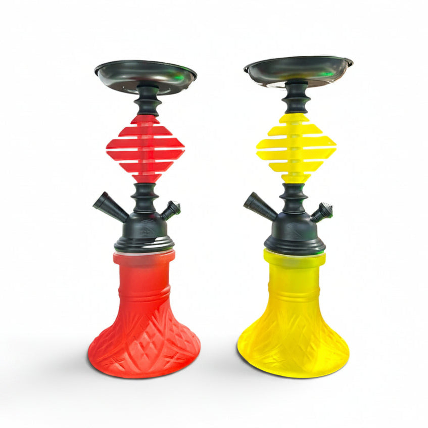 Two hookahs on a white background, one with a yellow and black body and the other with a red and black body.