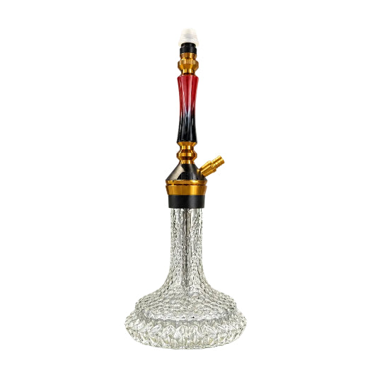 A small hookah or water pipe with a textured clear glass base, a black and gold metal neck, a red and black stem, and a gold mouthpiece, photographed on a plain white background.
