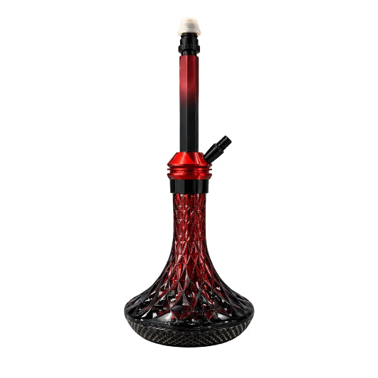 A glass hookah with a dark red and black gradient body, featuring a textured pattern on the base, a black mouthpiece, and a white tip, shown on a plain white background.