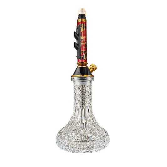 A miniature decorative hookah set on a white background, featuring a clear iridescent glass base, a black and red patterned stem, and gold metal accents.