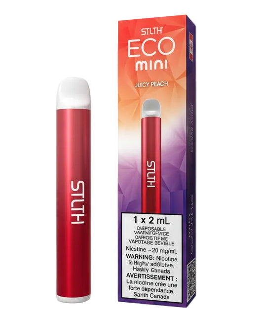 Red STLTH Eco Mini vape pen with packaging on a white background
