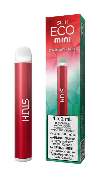 STLTH Eco Mini vape pen with strawberry kiwi ice flavor packaging on a white background