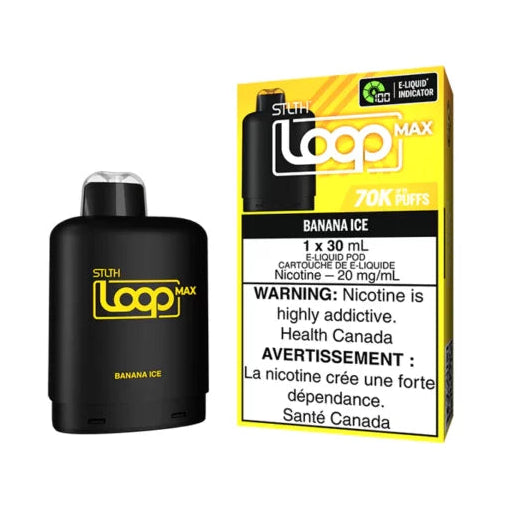 Black Loop Max vape pod with yellow packaging on a white background