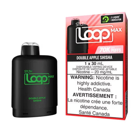 Black vape loop pod with 'LOOP MAX' branding and packaging on a white background