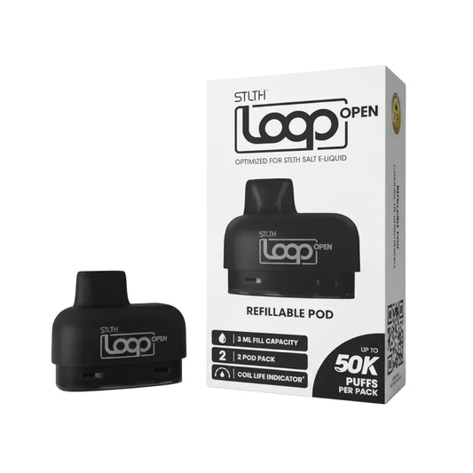 A black STUH Loop Open refillable vape pod shown next to its retail packaging box on a plain white background.