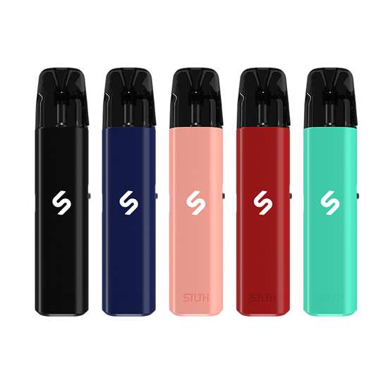 Five vape devices in black, blue, pink, red, and green on a white background.