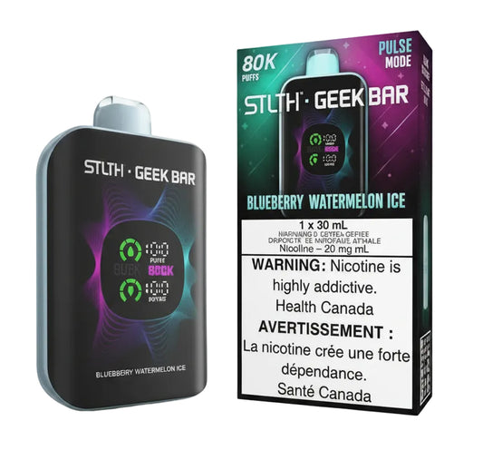 Stlth Geek Bar vape device with blueberry watermelon ice flavor packaging on a black background