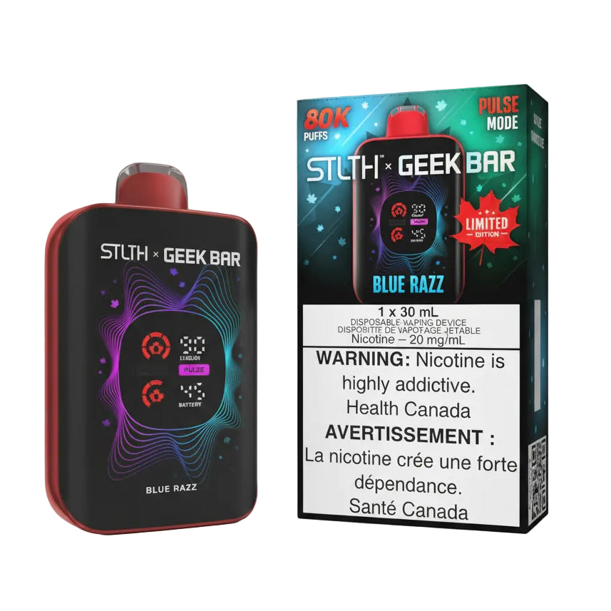 A STLTH x Geek Bar Blue Razz disposable vape device shown next to its retail packaging box on a plain white background.