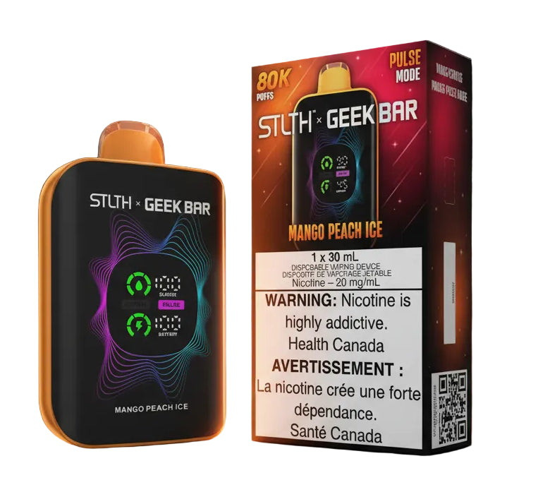 STLTH x Geek Bar vaping device and packaging with nicotine warning label.