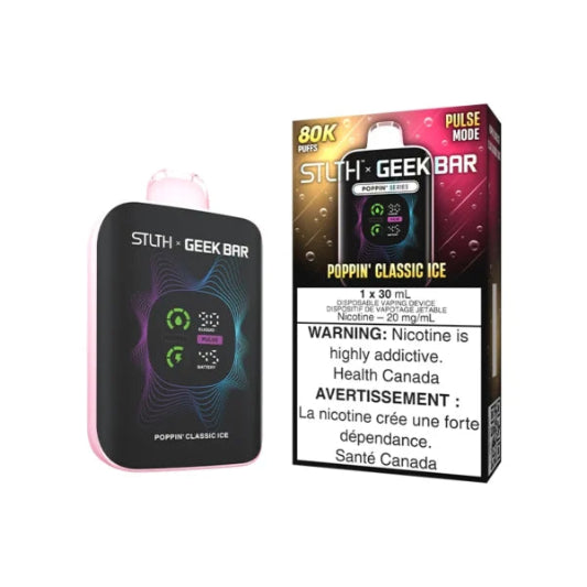 A STLTH x Geek Bar Poppin' Classic Ice disposable vape device shown next to its retail packaging box on a plain white background.