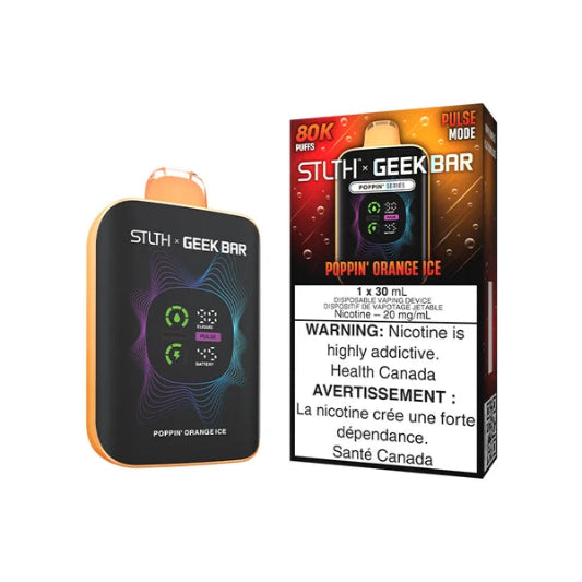 A STHxGEEK BAR disposable vape device in Poppin' Orange Ice flavor shown next to its retail packaging box on a plain white background.