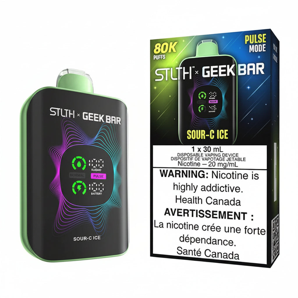 A STLTH x Geek Bar Sour-C Ice disposable vape device in black and mint green shown next to its retail packaging box on a white background.