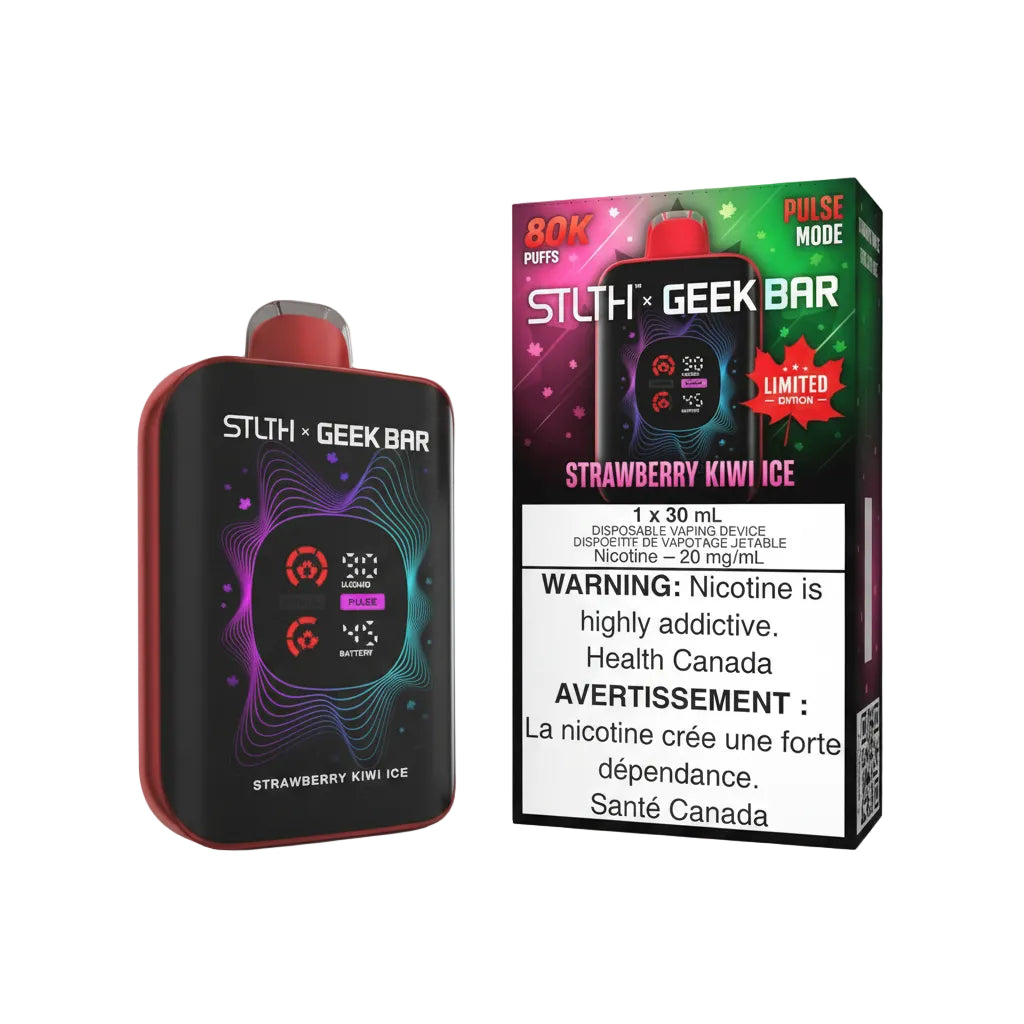 STLH x Geek Bar Strawberry Kiwi Ice disposable vape device next to its retail packaging box, featuring a black body with red accents and a colorful gradient design.