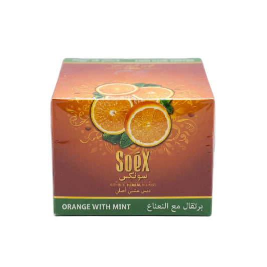 A box of Soex Orange with Mint herbal tea, featuring orange slices and mint leaves on a terracotta background with a green bottom band.