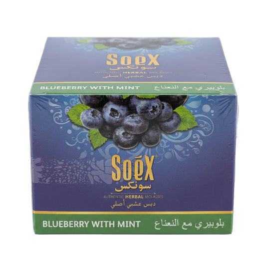 Packaging of Soex Herbal Molasses 250g with the flavor Blueberry with Mint highlighted on the box.